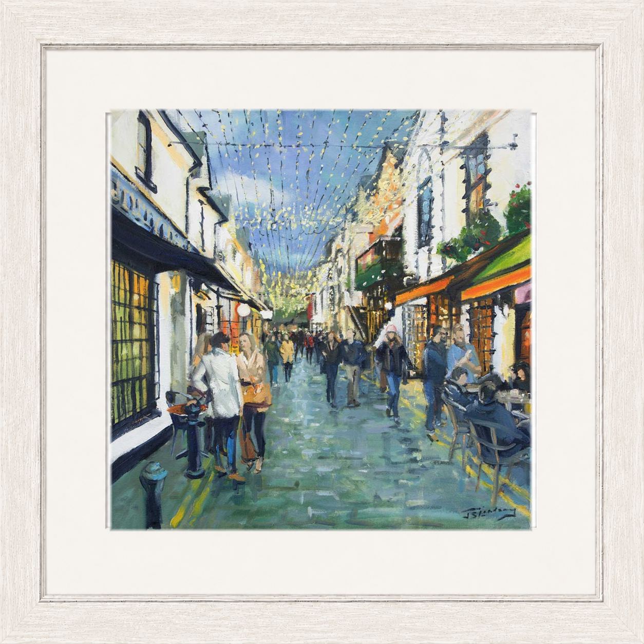 Friday Night Out, Ashton Lane Glasgow by James Somerville Lindsay framed wall art print depicting an evening city scene in Ashton Lane in Glasgow
