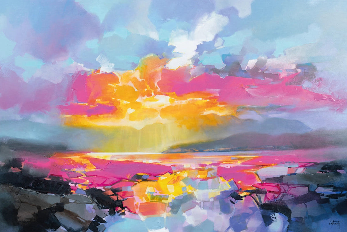 Colorful abstract painting of a sunset over water