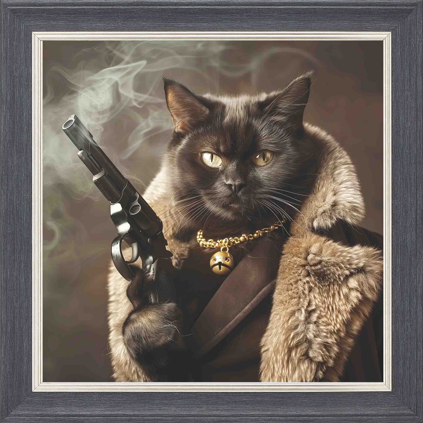 Gangster Black Cat Gun Fur Coat Framed Wall Art - Grey with Silver Trim