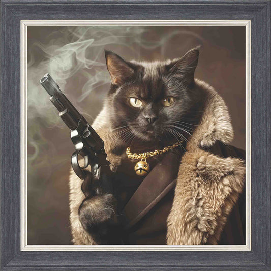 Gangster Black Cat Gun Fur Coat Framed Wall Art - Grey with Silver Trim