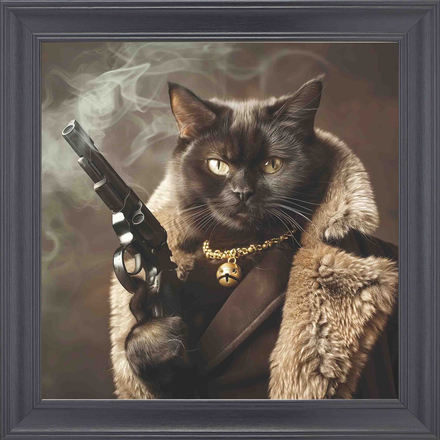 Gangster Black Cat Gun Fur Coat Framed Wall Art - Black