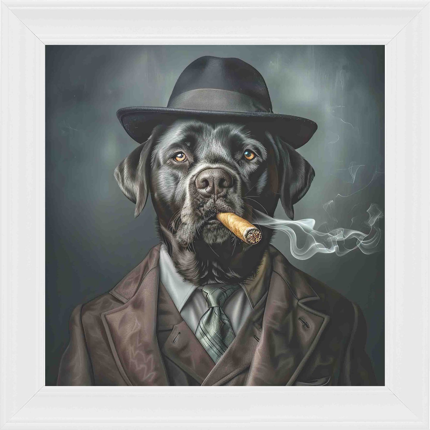 Gangster Black Labrador Smoking Framed Wall Art - White
