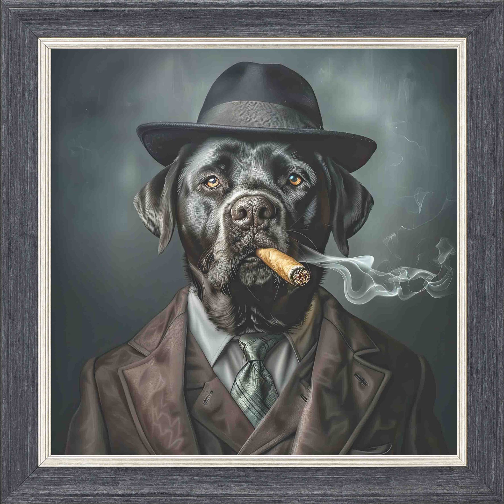 Gangster Black Labrador Smoking Framed Wall Art - Grey with Silver Trim