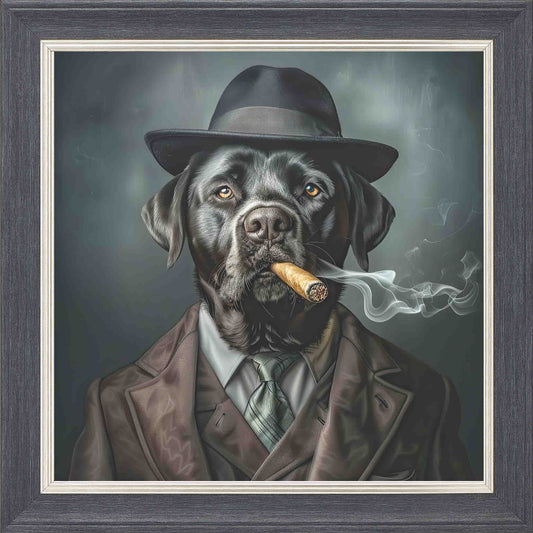 Gangster Black Labrador Smoking Framed Wall Art - Grey with Silver Trim
