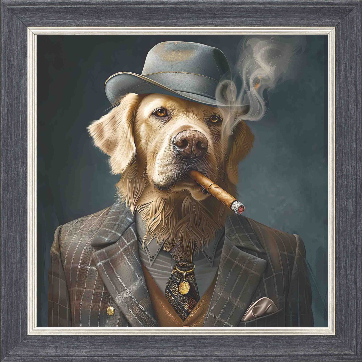 Gangster Blonde Labrador Smoking Framed Wall Art - Grey with Silver Trim