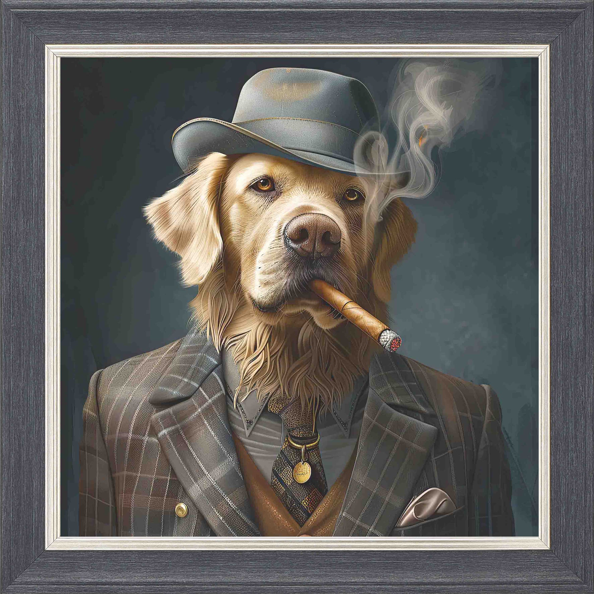 Gangster Blonde Labrador Smoking Framed Wall Art - Grey with Silver Trim