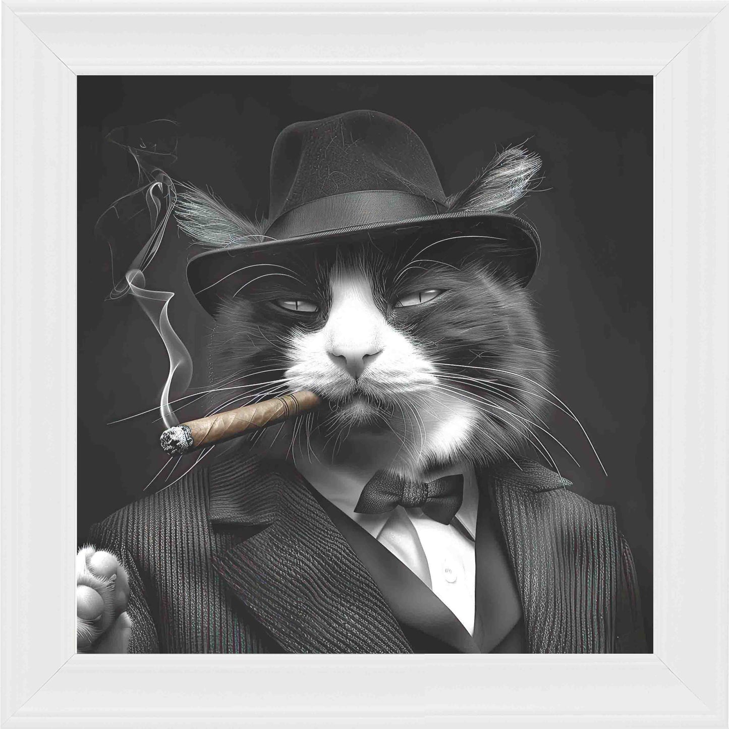 Gangster Cat Black and White Framed Wall Art - White