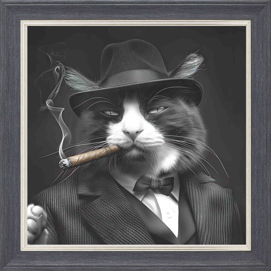 Gangster Cat Black and White Framed Wall Art - Grey with Silver Trim