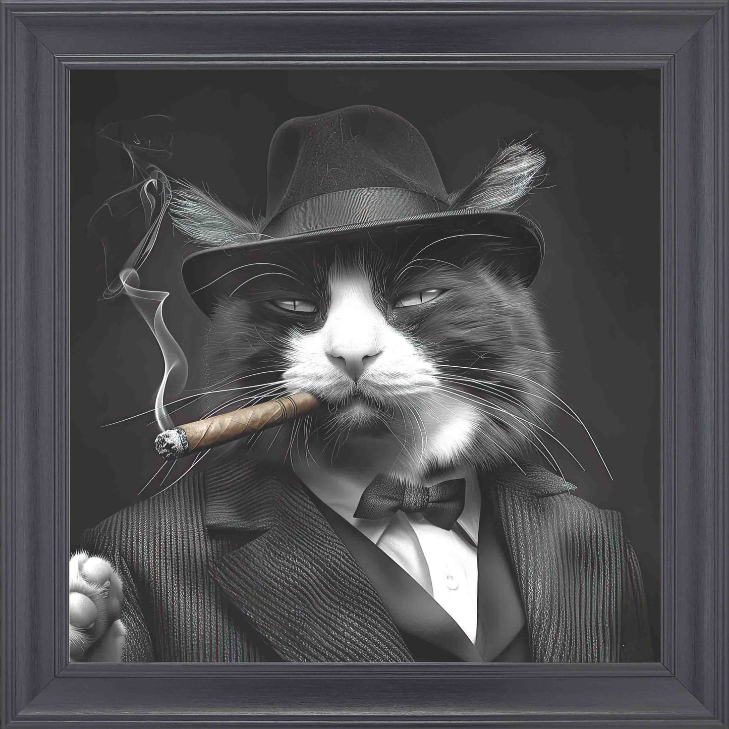 Gangster Cat Black and White Framed Wall Art - Black