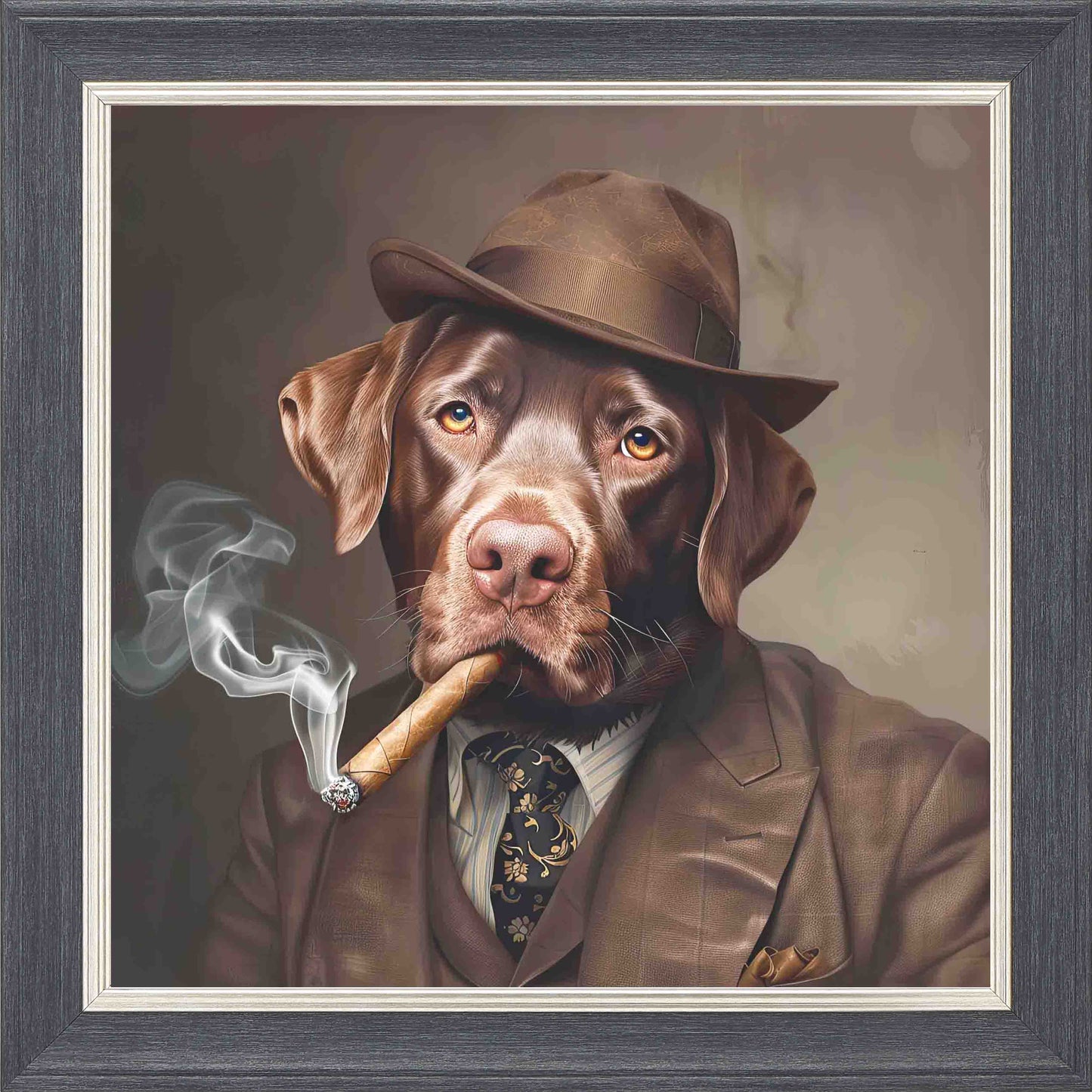 Gangster Chocolate Lab Smoking Framed Wall Art - Grey with Silver Trim