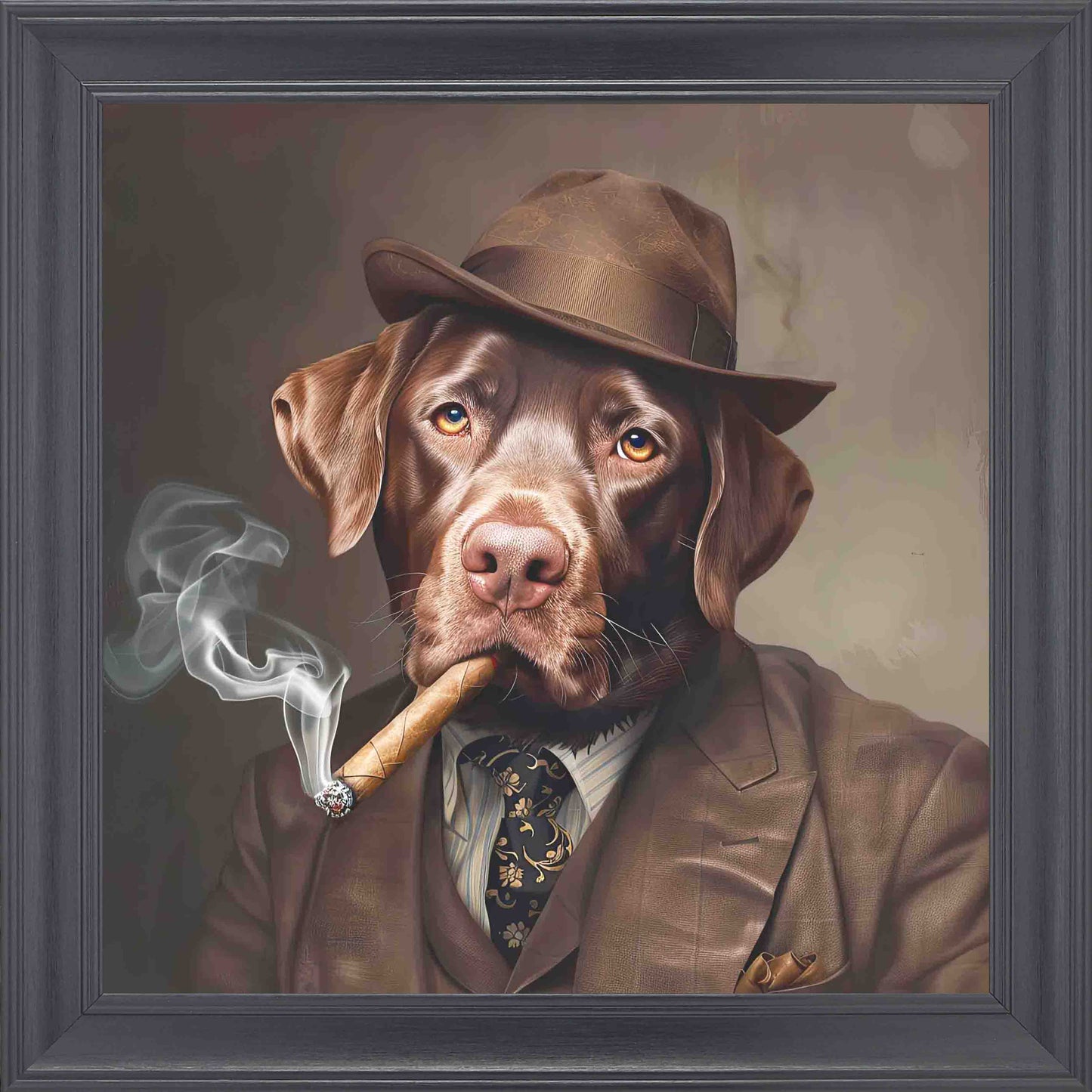 Gangster Chocolate Lab Smoking Framed Wall Art - Black