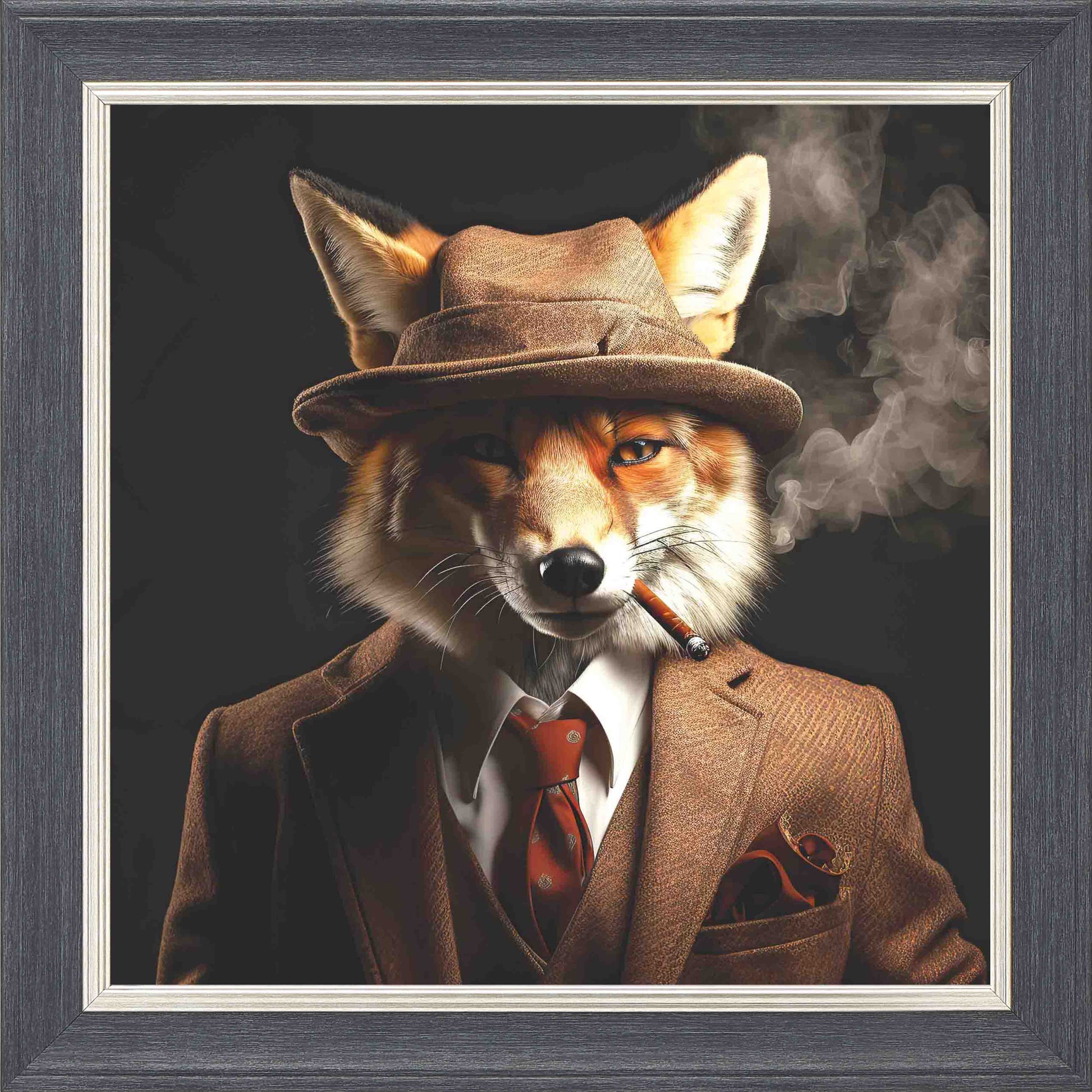 Gangster Fox Smoking Brown Suit Framed Wall Art - Grey with Silver Trim