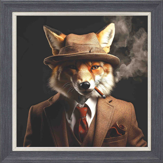 Gangster Fox Smoking Brown Suit Framed Wall Art - Grey with Silver Trim