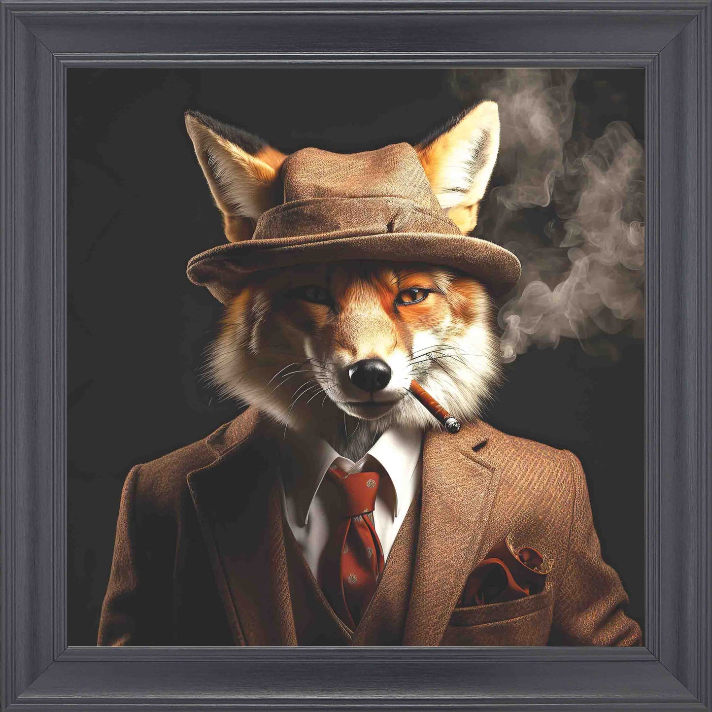Gangster Fox Smoking Brown Suit Framed Wall Art - Black