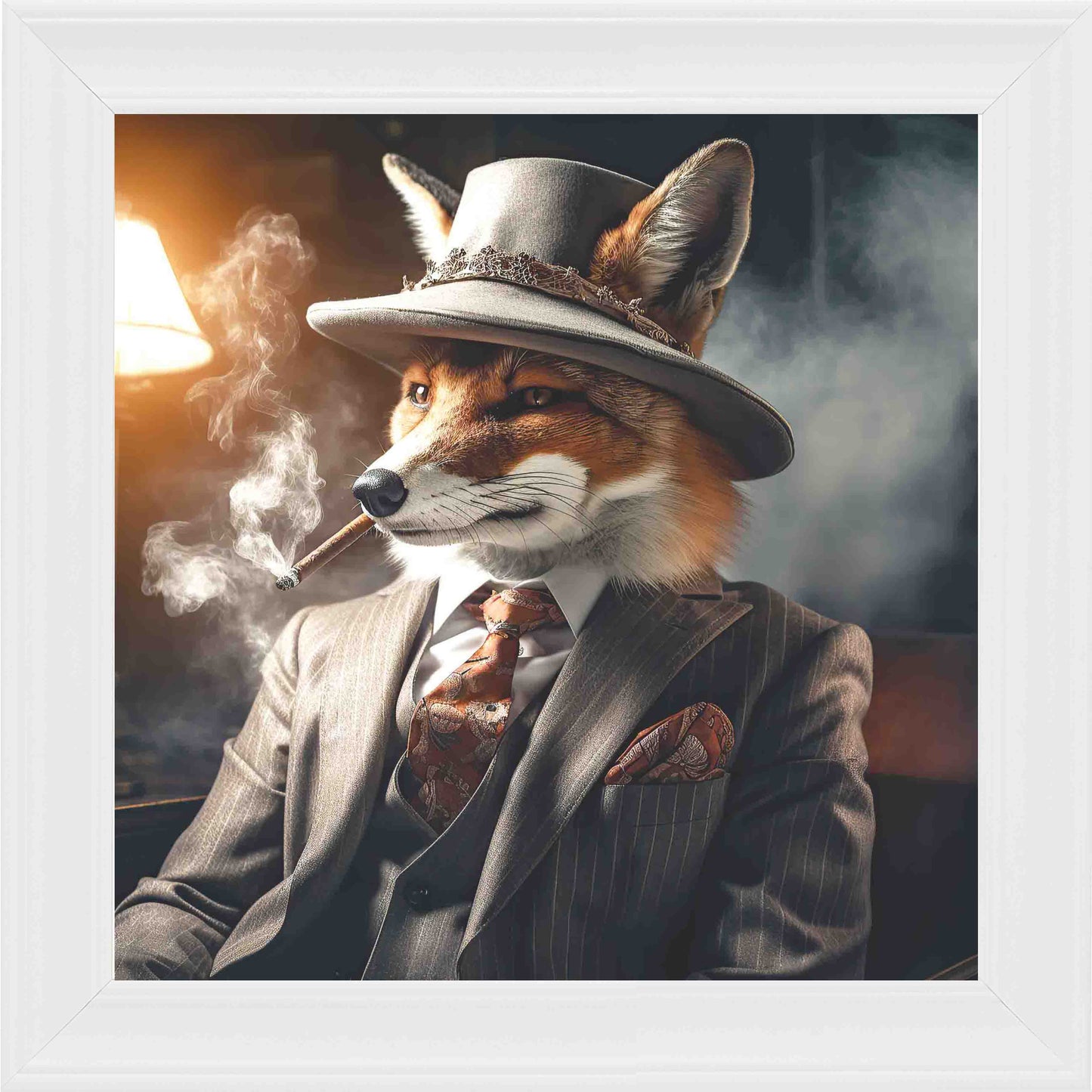 Gangster Fox Smoking Grey Suit Framed Wall Art - White