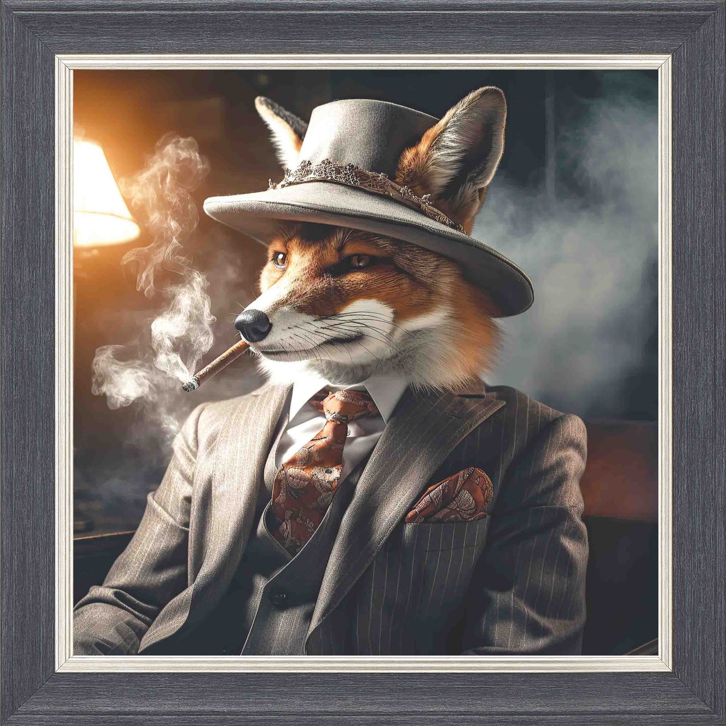 Gangster Fox Smoking Grey Suit Framed Wall Art - Grey with Silver Trim