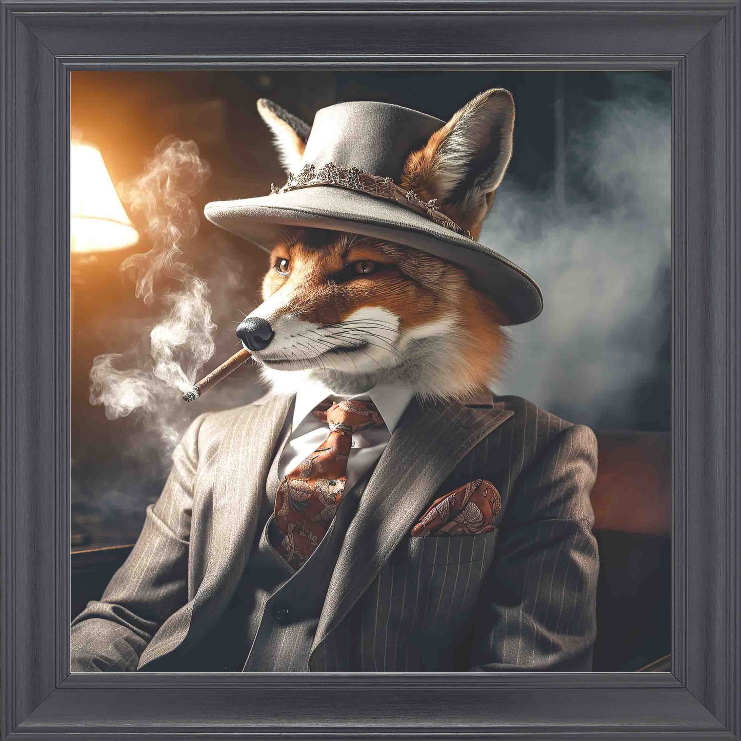 Gangster Fox Smoking Grey Suit Framed Wall Art - Black