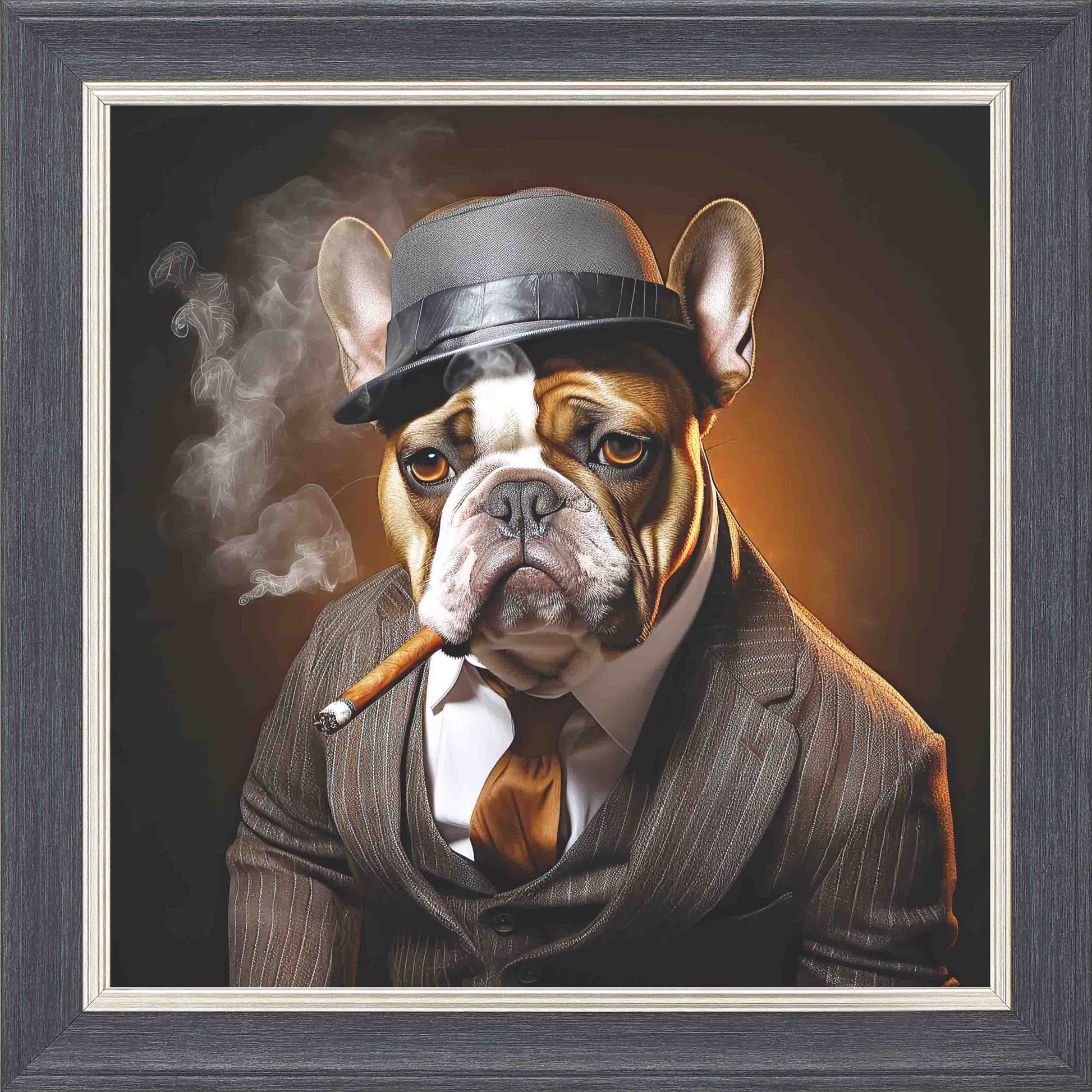 Gangster French Bull dog brown smoking Framed Wall Art - Grey with Silver Trim