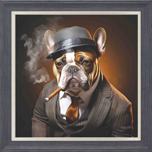 Gangster French Bull dog brown smoking Framed Wall Art - Grey with Silver Trim