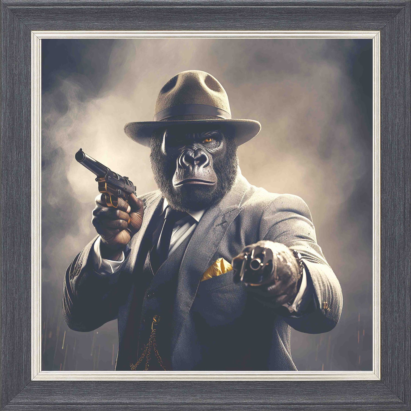 Gangster Gorilla Gun Framed Wall Art - Grey with Silver Trim
