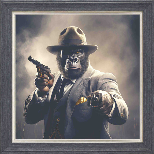 Gangster Gorilla Gun Framed Wall Art - Grey with Silver Trim