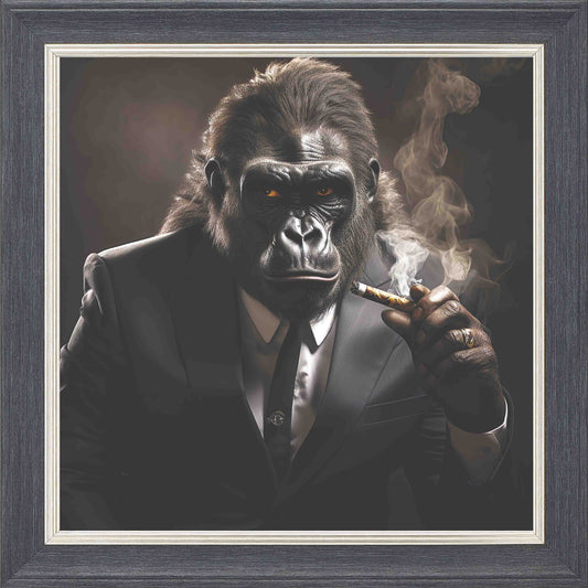 Gangster Gorilla Smoking Framed Wall Art - Grey with Silver Trim