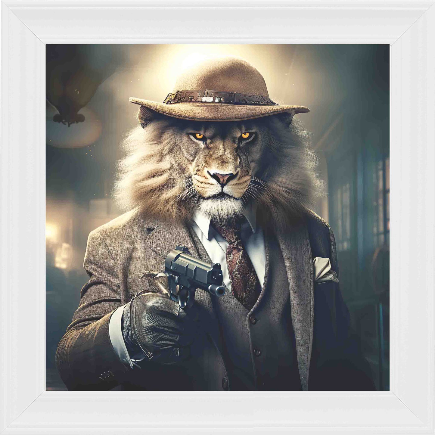 Gangster Lion 1 Gun Framed Wall Art - White