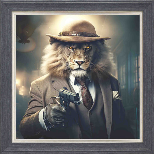 Gangster Lion 1 Gun Framed Wall Art - Grey with Silver Trim