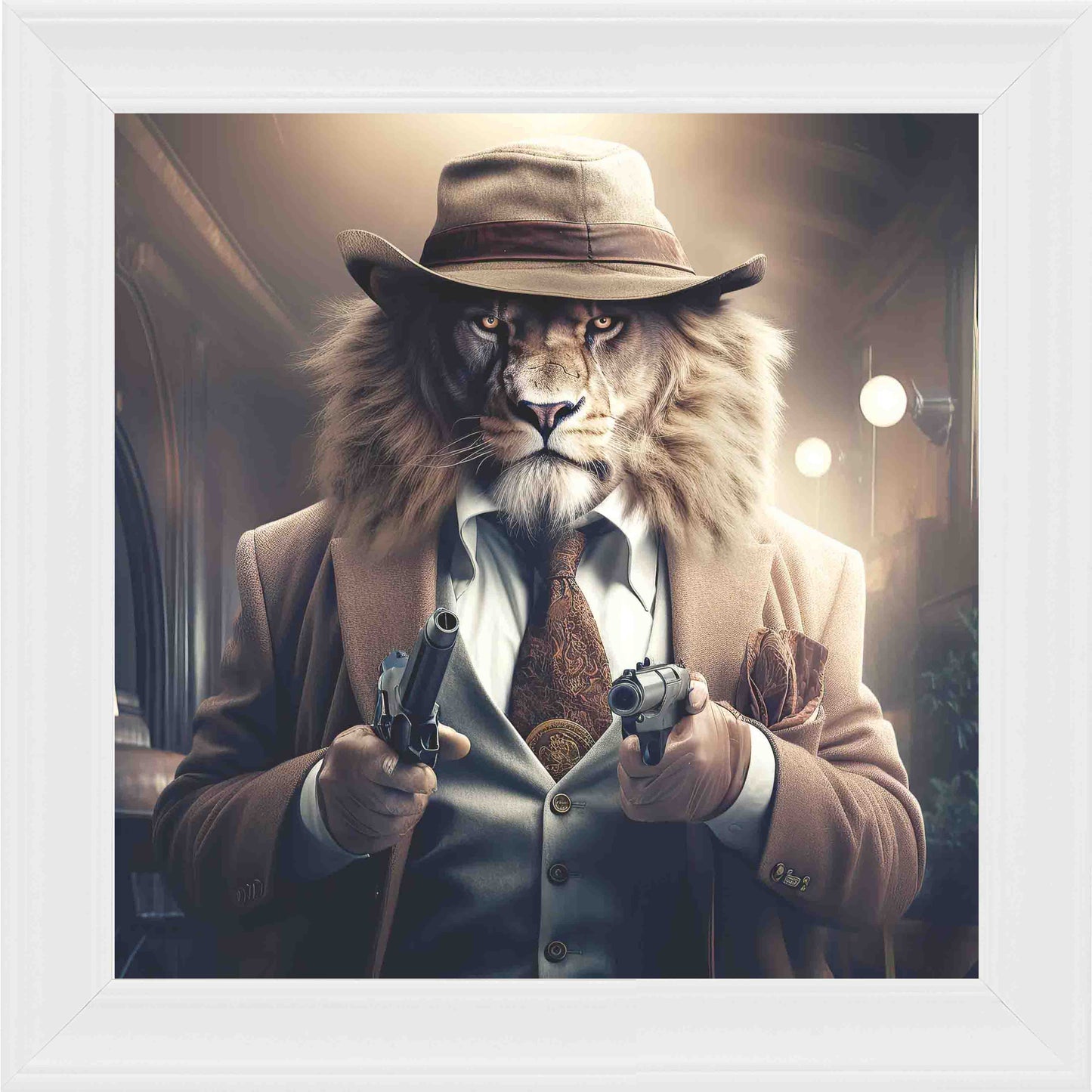 Gangster Lion 2 Guns Framed Wall Art - White