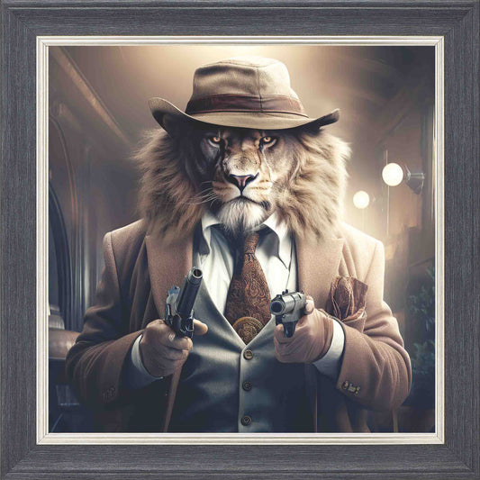 Gangster Lion 2 Guns Framed Wall Art - Grey with Silver Trim