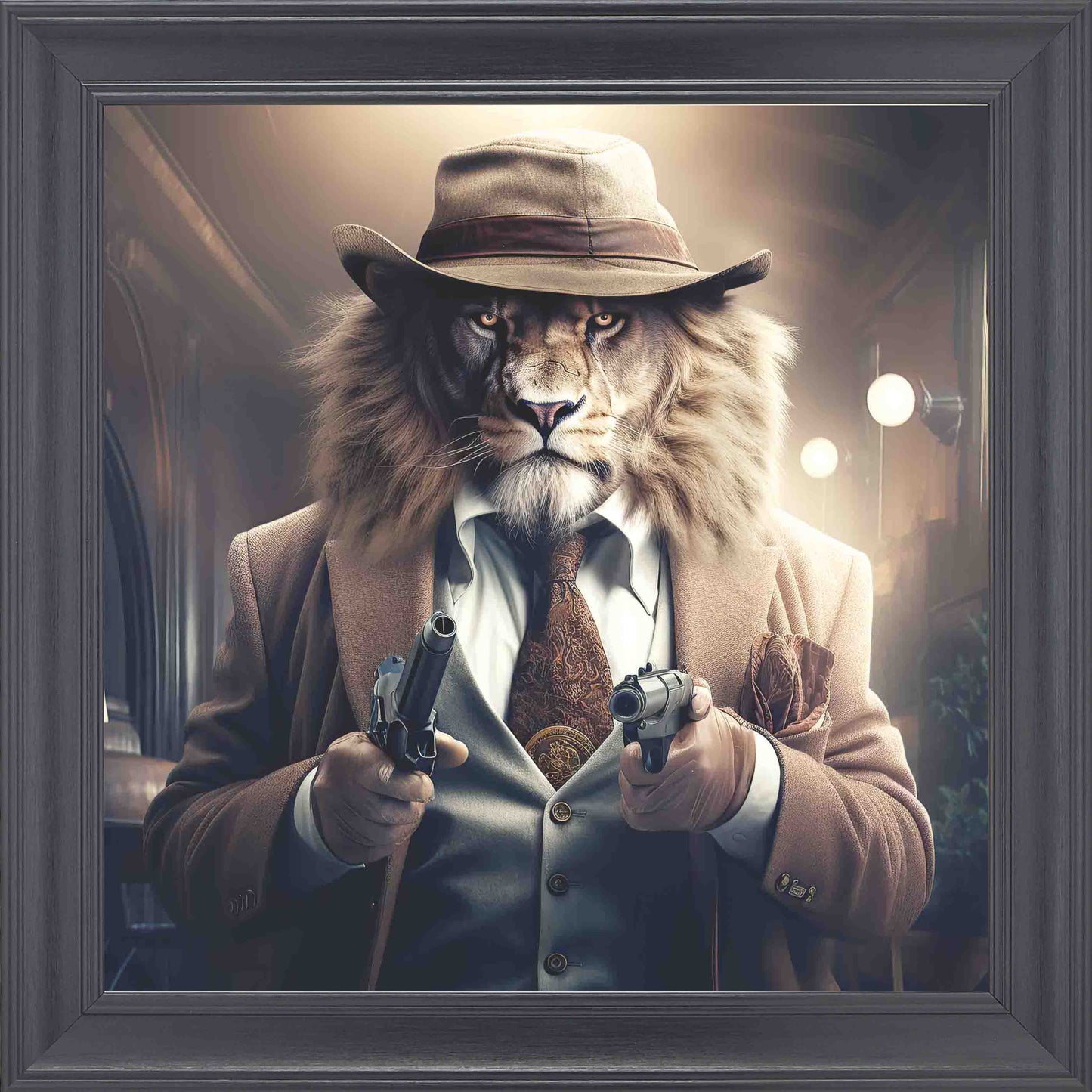 Gangster Lion 2 Guns Framed Wall Art - Black