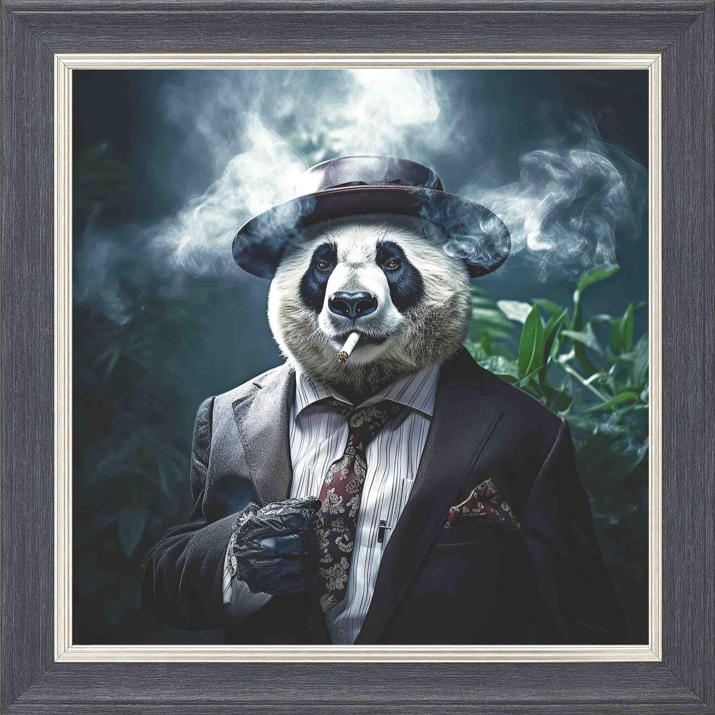 Gangster Panda Smoking Green Leaves Framed Wall Art - Grey with Silver Trim