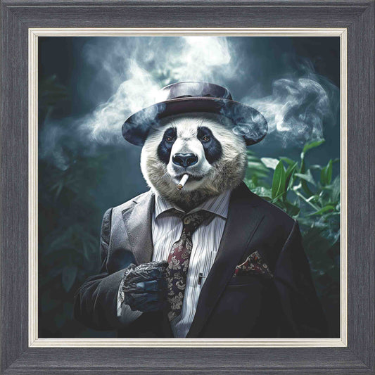 Gangster Panda Smoking Green Leaves Framed Wall Art - Grey with Silver Trim