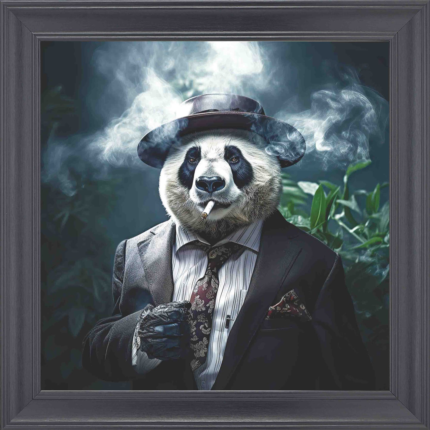 Gangster Panda Smoking Green Leaves Framed Wall Art - Black