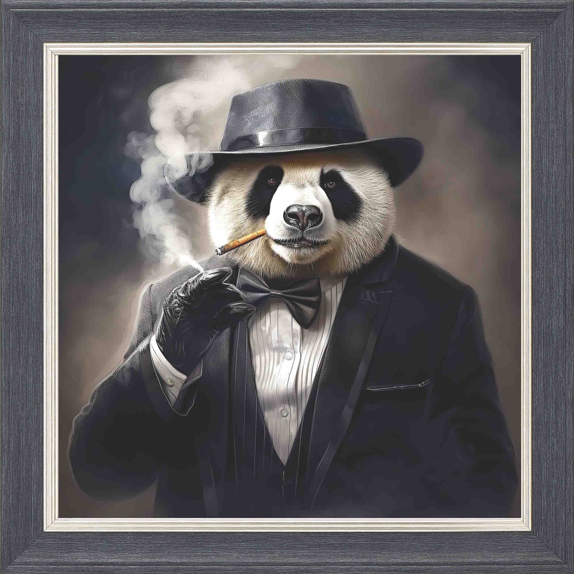 Gangster Panda Smoking Framed Wall Art - Grey with Silver Trim