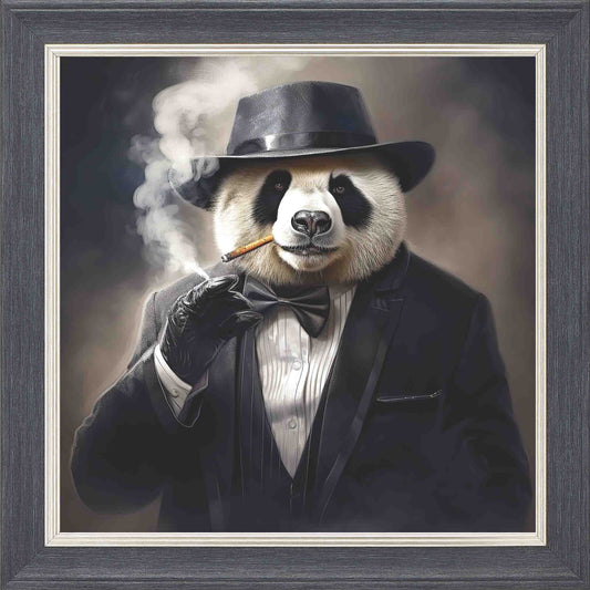 Gangster Panda Smoking Framed Wall Art - Grey with Silver Trim