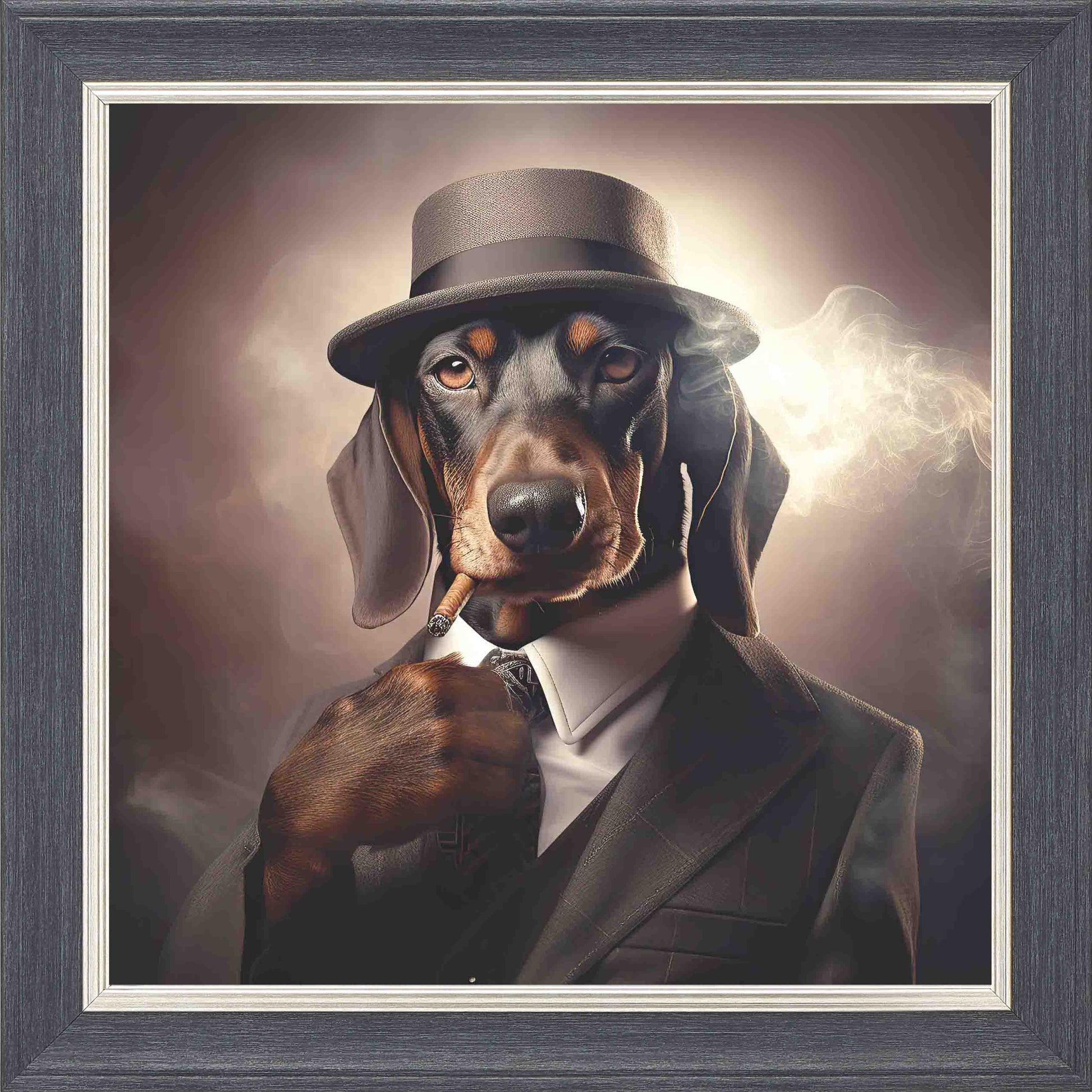 Gangster Sausage Smoking Framed Wall Art - Grey with Silver Trim