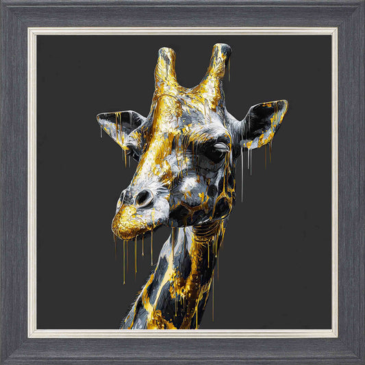 Gold Giraffe Framed Wall Art - Grey with Silver Trim