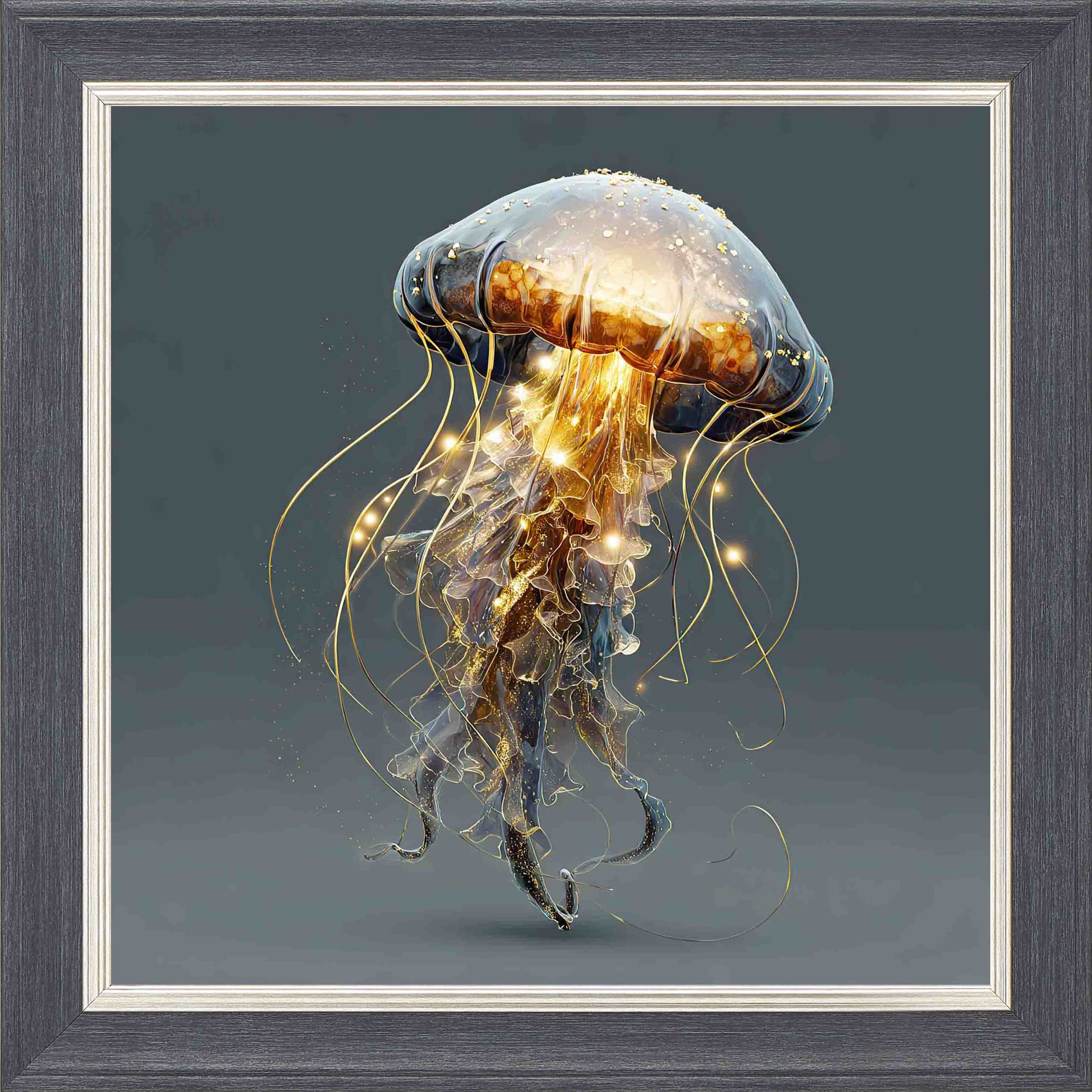 Gold Jellyfish New Framed Wall Art - Grey with Silver Trim
