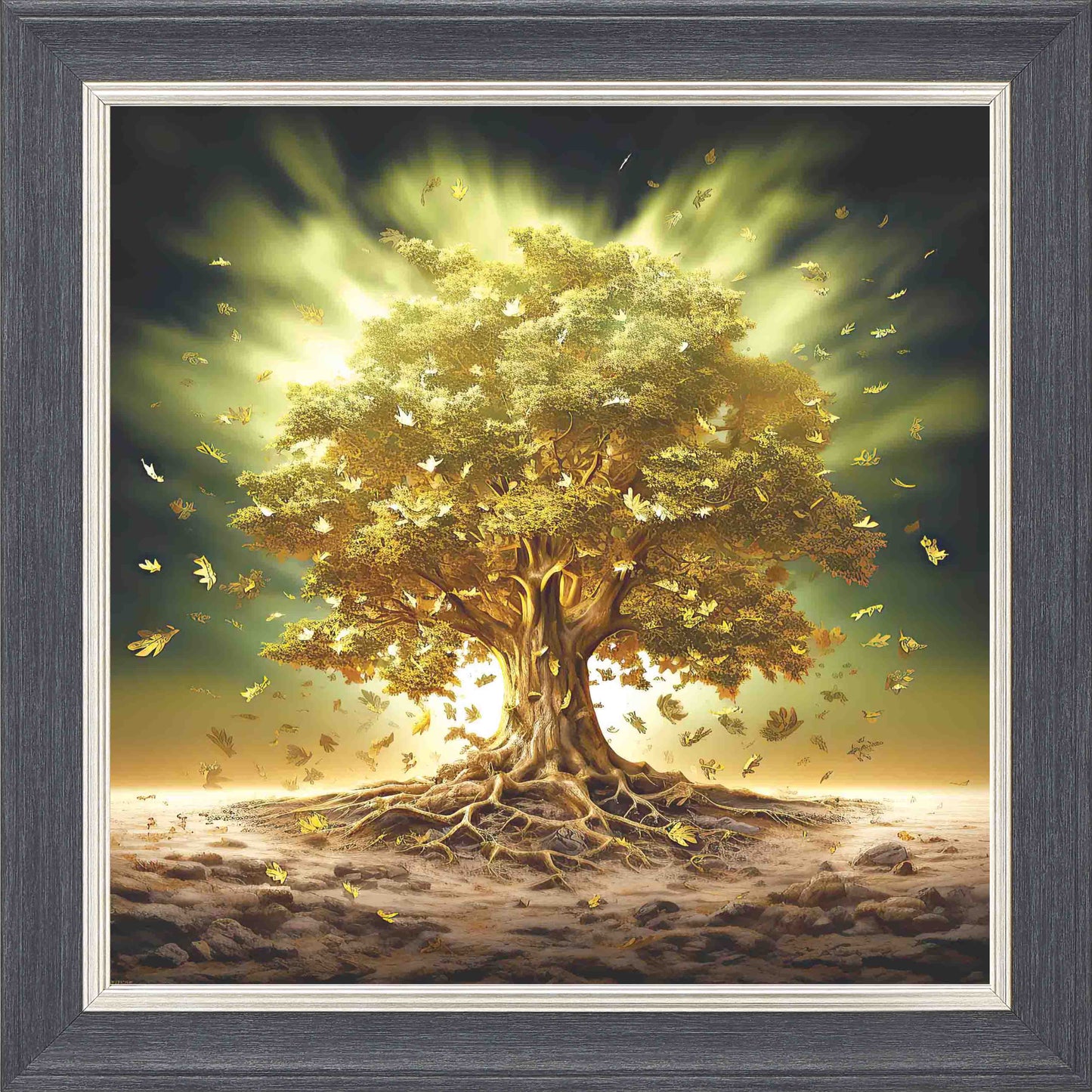 Gold and Oak Illuminated Sky Framed Wall Art - Grey with Silver Trim