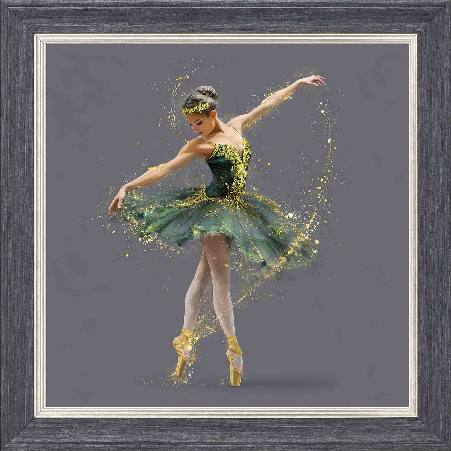 Golden Pose Framed Wall Art - Grey with Silver Trim