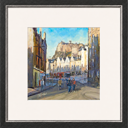 Good Morning Grassmarket, Edinburgh by James Somerville Lindsay framed wall art print depicting a city scene centred on the Grassmarket in Edinburgh in the calm of the morning