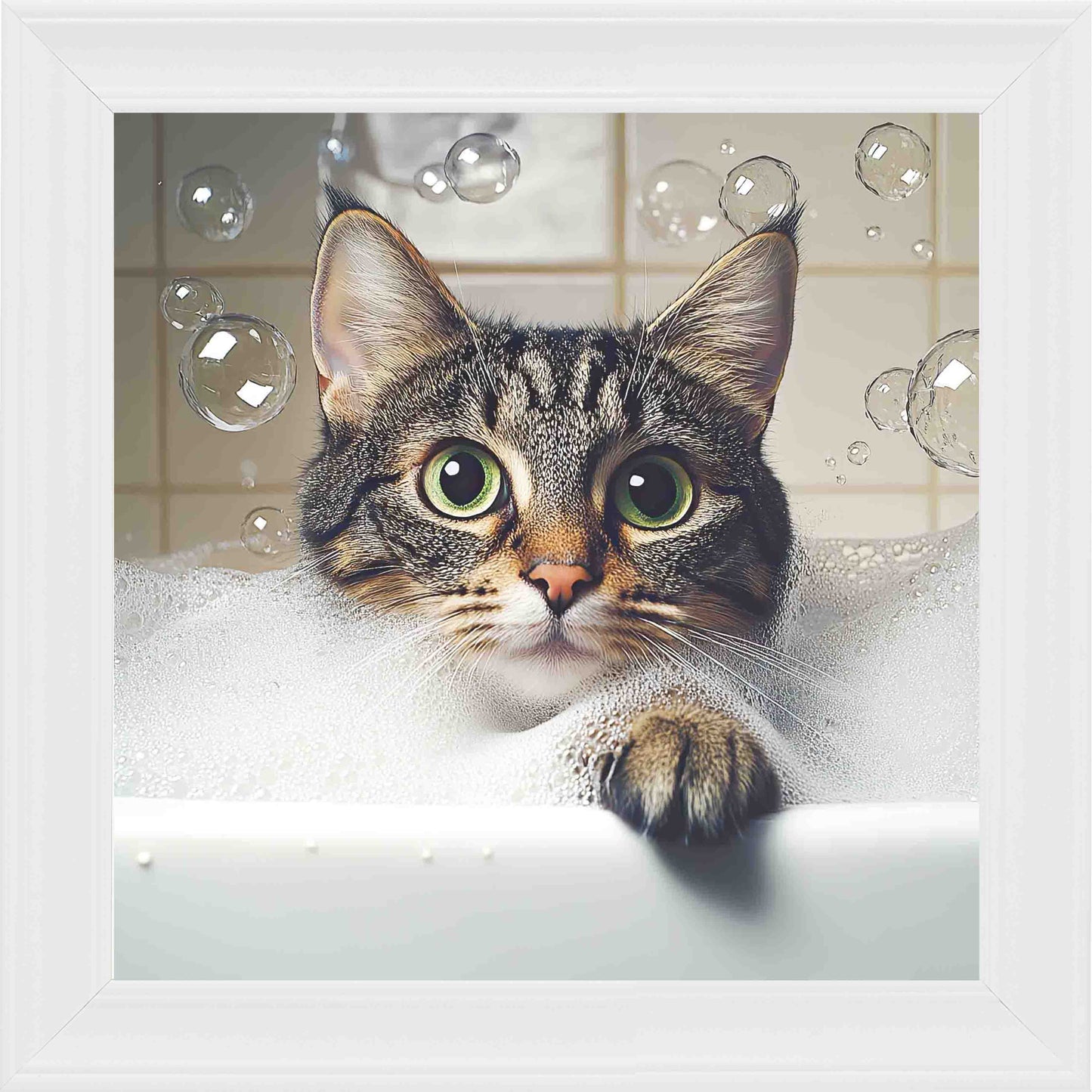 Grey Tabby Cat Bubble Bath Framed Wall Art - White