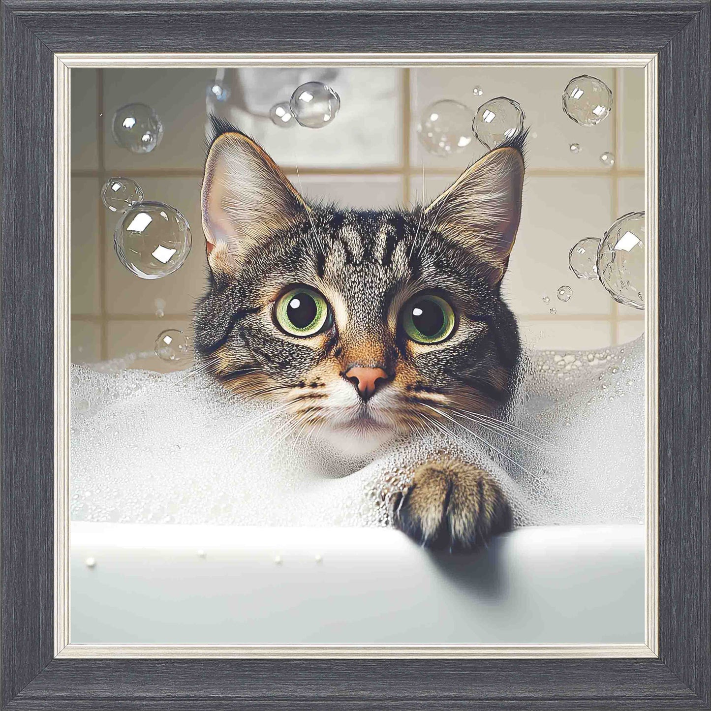 Grey Tabby Cat Bubble Bath Framed Wall Art - Grey with Silver Trim