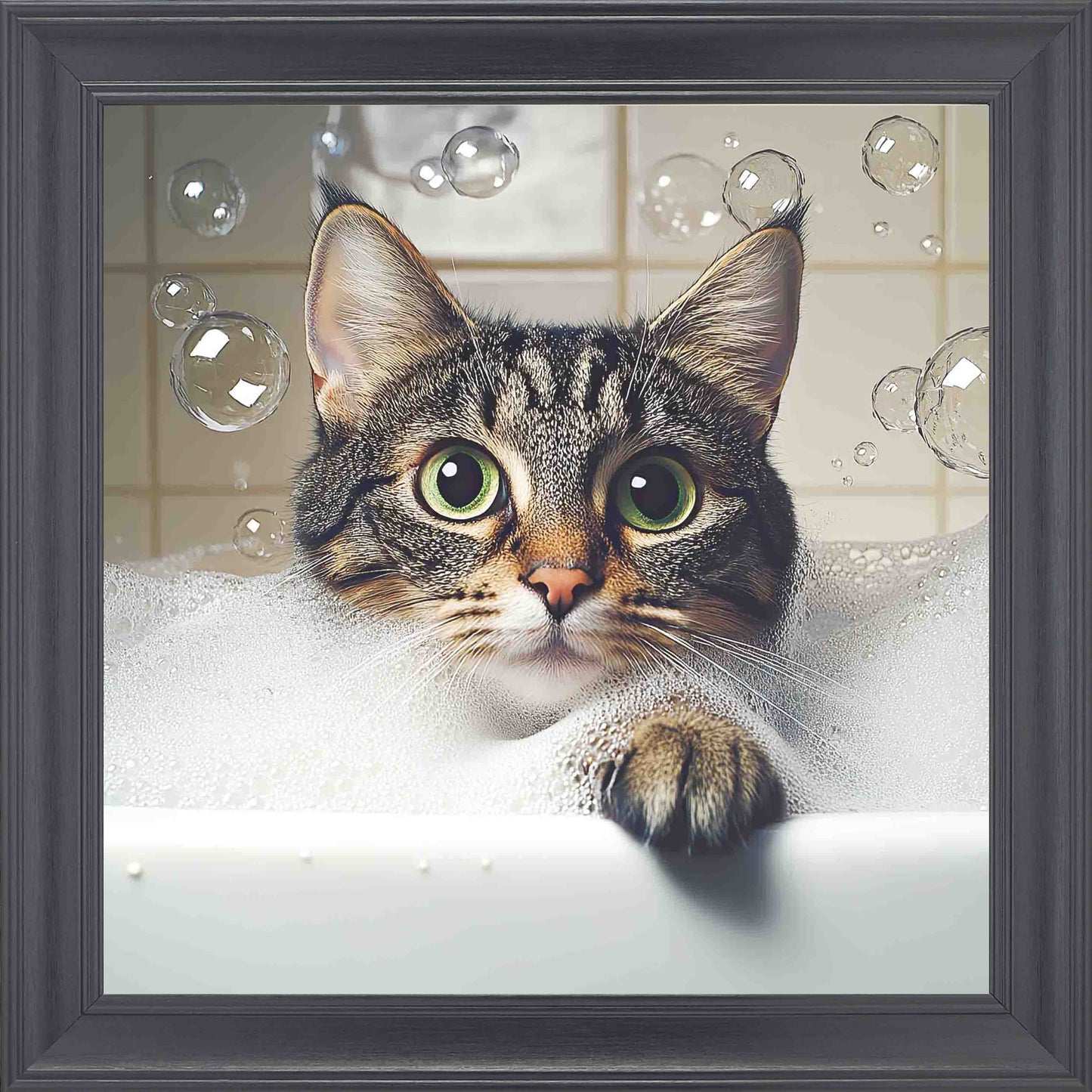 Grey Tabby Cat Bubble Bath Framed Wall Art - Black