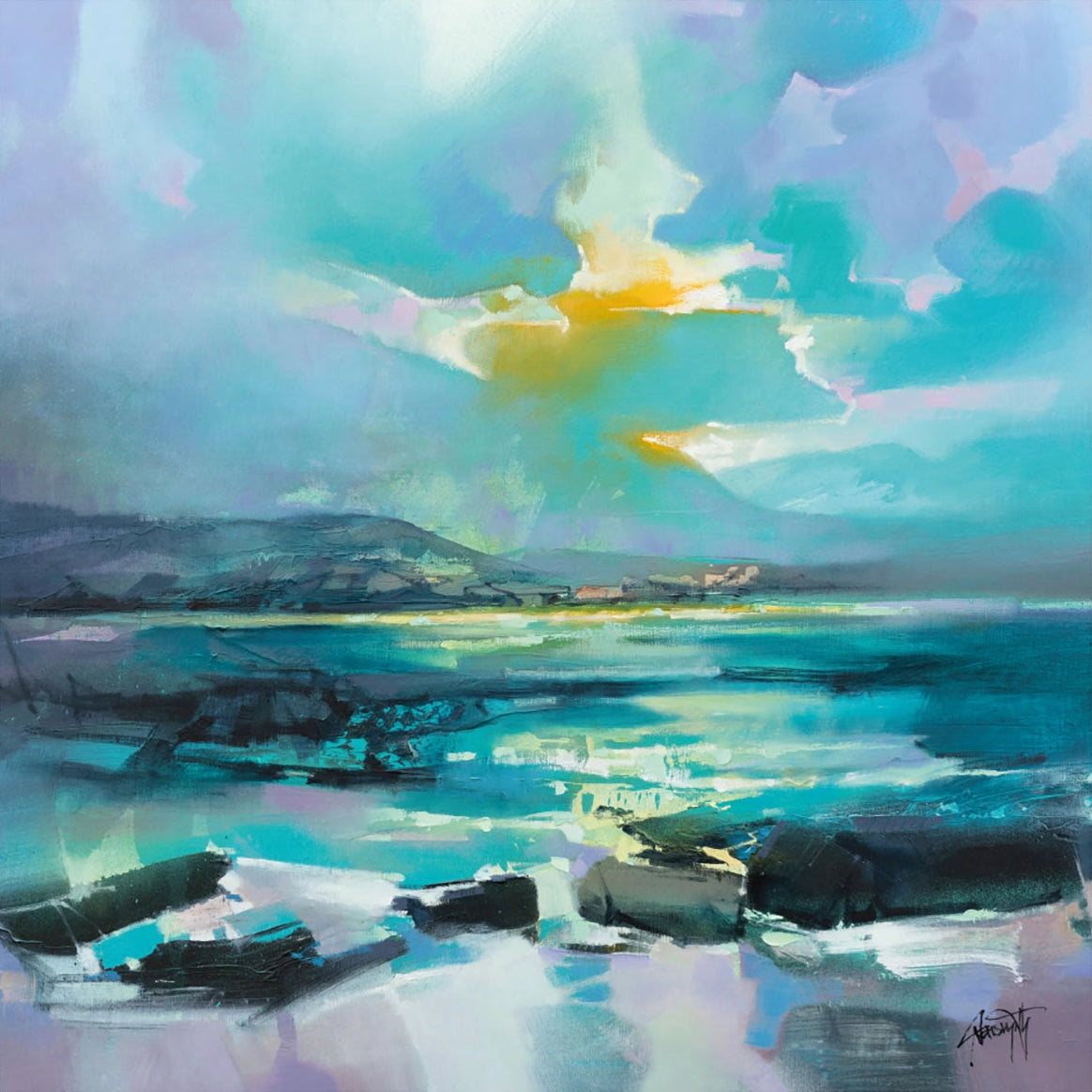 Abstract painting of a landscape with a colorful sky and water.
