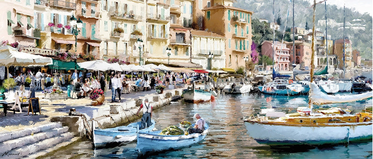 Harbor scene with boats and people near a coastal town.