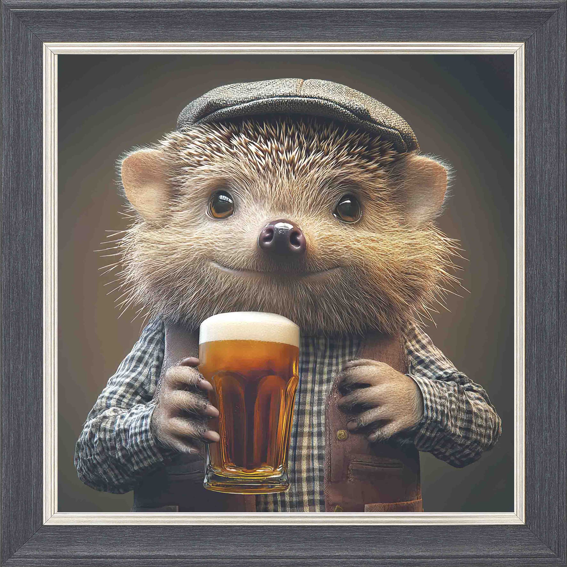 Hedgehog Real Ale Framed Wall Art - Grey with Silver Trim