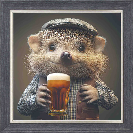 Hedgehog Real Ale Framed Wall Art - Grey with Silver Trim