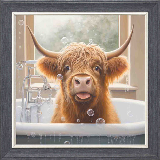 Highland Cow Bubble Bath Framed Wall Art - Grey with Silver Trim